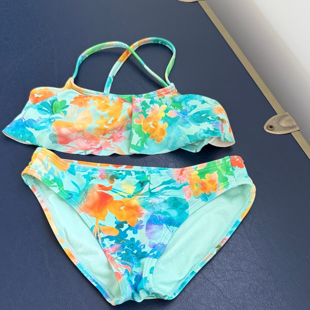 Athleta Kids Floral Bikini - green, bluish and orange